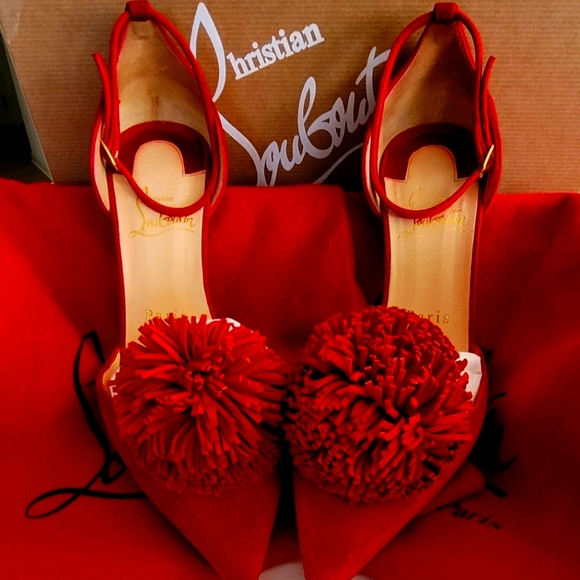 Christian Louboutin Red Velvet Pom-pom heels 36.5 - Picture 2 of 7